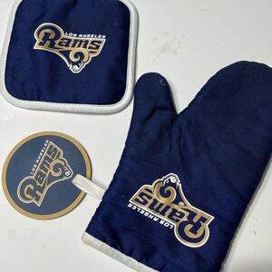Rams Oven Mitt Grill BBQ Hand Pot Holder Cup Holder Set Of 3 Items Blue Gold